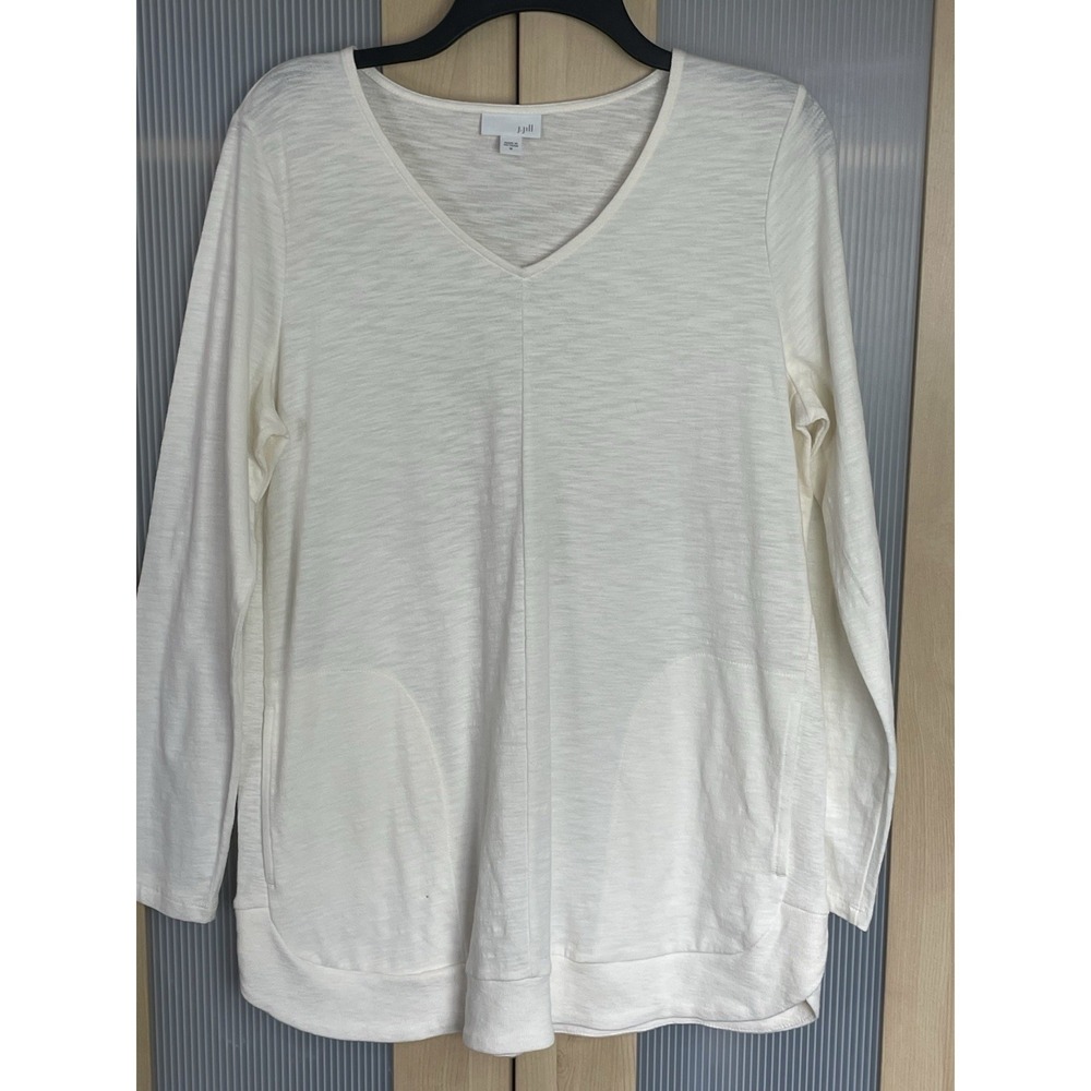 J. Jill Top Women's Sz M Ivory Pullover Tunic V-Neck Pockets Casual Travel